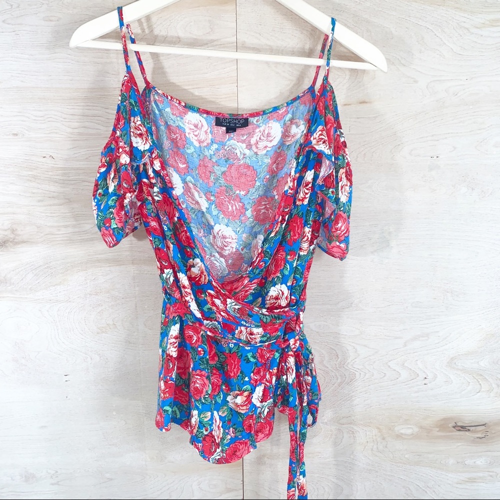 Topshop | Floral Cold Shoulder Wrap Top - Picture 3 of 7